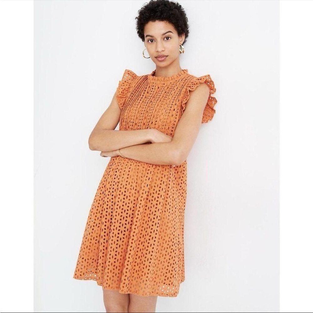 ❌SOLD❌ NWT Madewell Orange Mulled Cider Eyelet Ruffle-Sleeve Pintuck Mini Dress